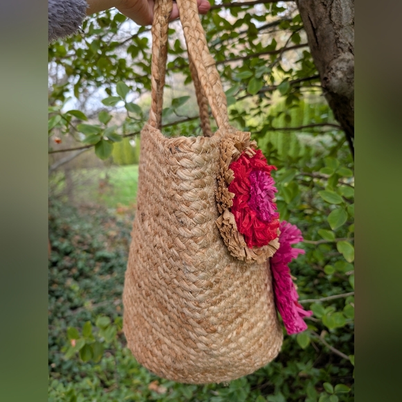 Chico's Straw Tote Bag with Pink Floral Design - Picture 5 of 14